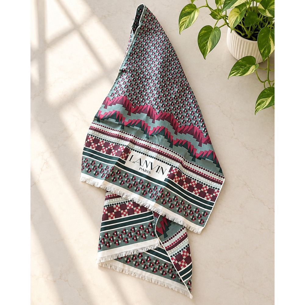 Lanvin Paris Vintage Silk Scarf Geometric Chevron Print Green Burgundy Fringe